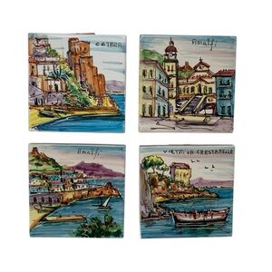 Italian Vintage Hand Painted Ceramic 4x4 Tiles Set of Four